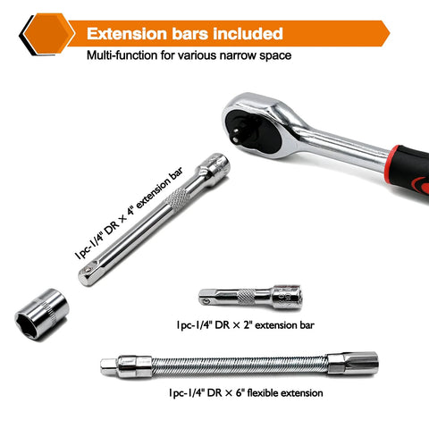 Extension bars from 46 Piece One Quarter Inch Drive Socket Ratchet Wrench Set With Bit Sockets Metric Extension Bar And Storage Case