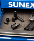A set of black sockets and a power tool in an open blue Sunex tool drawer, showcasing various socket sizes and a black handle.