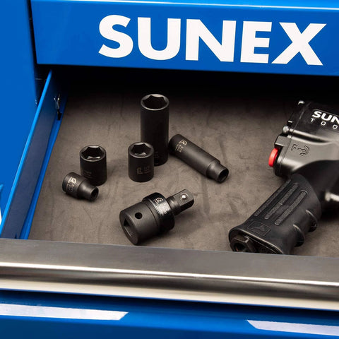 A set of black sockets and a power tool in an open blue Sunex tool drawer, showcasing various socket sizes and a black handle.