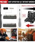 Impact Socket Set One Quarter Inch Drive 83 Piece With SAE And Metric Sizes From Five Sixteenths To Nine Sixteenths And Four To Fifteen Millimeter Includes 72 Tooth Ratchet Handle Pro Grade Built To Last Mechanics Tool Set With Adapter And Screwdriver displayed with components