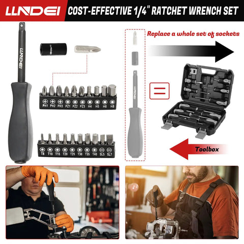 Impact Socket Set One Quarter Inch Drive 83 Piece With SAE And Metric Sizes From Five Sixteenths To Nine Sixteenths And Four To Fifteen Millimeter Includes 72 Tooth Ratchet Handle Pro Grade Built To Last Mechanics Tool Set With Adapter And Screwdriver displayed with components