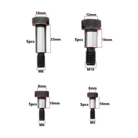 20Pcs Socket Shoulder Bolts Set M5x6x10mm M6x8x10mm M8x10x25mm M10x12x16mm High Tensile 12 Point 9 Carbon Steel Industrial Fasteners