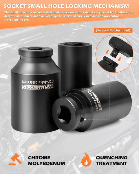 Close-up of 9 Pcs Axle Nut Hub Impact 1/2" Drive Socket Set with chrome finish and socket locking mechanism on engine background