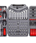 123 Piece Socket Wrench Set For Auto Repair And DIY Projects With Chrome Plated Tools In A Sturdy Storage Case Ideal For Homeowners And Handy Folks Plus A Comprehensive Range Of Ratchets Pliers And Screwdrivers displayed in an open gray case.