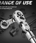 Chrome ratchet wrench with close-up of gear mechanism and various socket tools, highlighted by text 'Range of Use' on black background.
