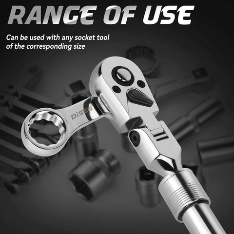 Chrome ratchet wrench with close-up of gear mechanism and various socket tools, highlighted by text 'Range of Use' on black background.