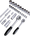 65 Piece General Household Tool Kit Set With Carry Case Durable Steel Tools Ergonomic Non Slip Handles showing ratchet and sockets