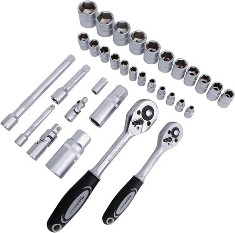 65 Piece General Household Tool Kit Set With Carry Case Durable Steel Tools Ergonomic Non Slip Handles showing ratchet and sockets