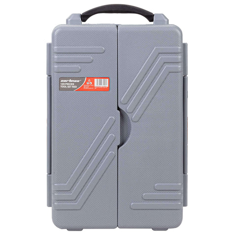 Front view of a gray storage case for 123 Piece Socket Wrench Set For Auto Repair And DIY Projects With Chrome Plated Tools.