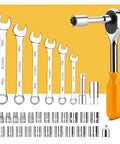 228 Piece Socket Wrench Auto Repair Tool Set With Plastic Toolbox Storage Case shown with wrenches and sockets.