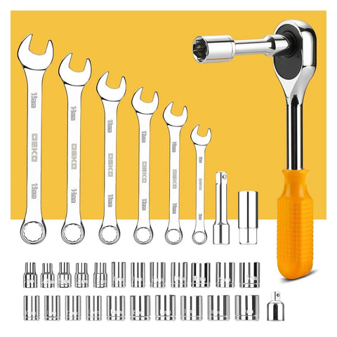 228 Piece Socket Wrench Auto Repair Tool Set With Plastic Toolbox Storage Case shown with wrenches and sockets.