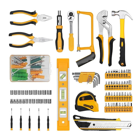 228 Piece Socket Wrench Auto Repair Tool Set With Plastic Toolbox Storage Case displayed with various hand tools