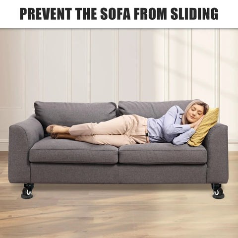 Sofa on 4 Pack 3x3 Inch Furniture Stopper Cups, Premium Solid Rubber Wheel Stoppers, preventing sliding on hardwood floor.