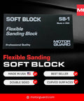 Soft Block Flexible Sanding Block SB1 for precision finishing and smoothing, black label with product details and branding.