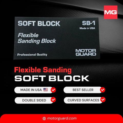 Soft Block Flexible Sanding Block SB1 for precision finishing and smoothing, black label with product details and branding.