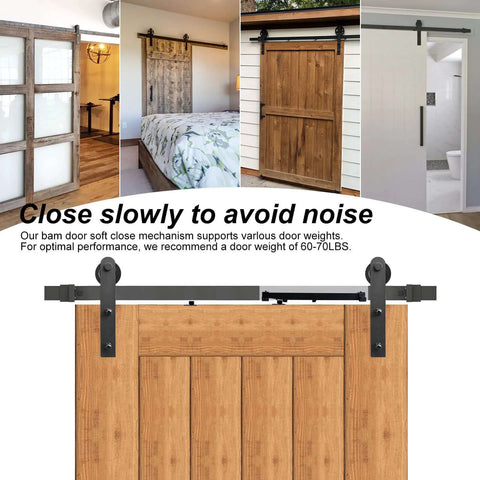 Four Pack Barn Door Soft Close Mechanisms With Spring Buffer Dampers For Sliding Doors Up To 160 Lbs installed on wood door
