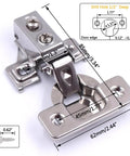 Close-up of 2 Pack Soft Close Cabinet Door Hinges for 1/2" Partial Overlay Cupboard, stainless steel with measurements and screws shown.