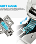 Close-up of heavy duty European insert soft close cabinet hinge showing internal damping mechanism, part of 20 pack for frameless cabinets.