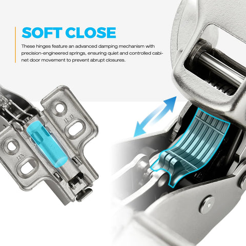 Close-up of heavy duty European insert soft close cabinet hinge showing internal damping mechanism, part of 20 pack for frameless cabinets.