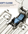 Close-up of Full Overlay Cabinet Door Hinges with Soft Close Damper, showing 105 Degree Adjustable Concealed design for face frame cabinets.