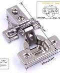 Soft Close Cabinet Hinges 20 Pack For One Half Inch Partial Overlay Cabinets 35mm Cup 100 Degree Opening Angle Stainless Concealed Kitchen Hinges Includes Mounting Screws And User Manual, showing detailed measurements and a screw.