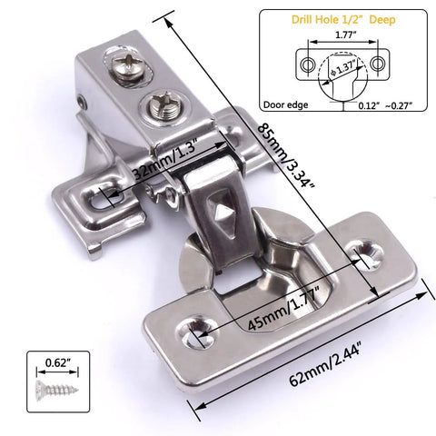 Soft Close Cabinet Hinges 20 Pack For One Half Inch Partial Overlay Cabinets 35mm Cup 100 Degree Opening Angle Stainless Concealed Kitchen Hinges Includes Mounting Screws And User Manual, showing detailed measurements and a screw.