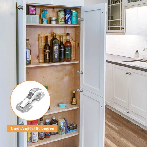 4 Pack 90 Degree Soft Close Surface Mount Spring Hinges With Easy Install No Pre Drilled Noiseless Frameless Concealed Kitchen Cabinet Hinges installed in cupboard