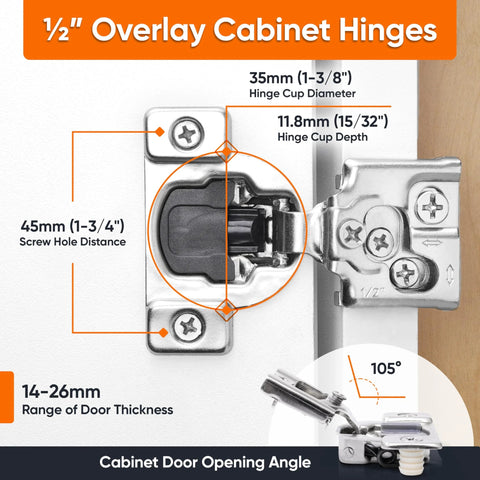 Soft Close Cabinet Hinges For Half Inch Overlay Kitchen Cabinets, 50 Pack Stainless Steel Concealed Face Frame Hinges With Quiet Close Damper