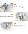 Detailed view of 4 Pack 90 Degree Soft Close Surface Mount Spring Hinges with rivet-connected design and soft close damper features.