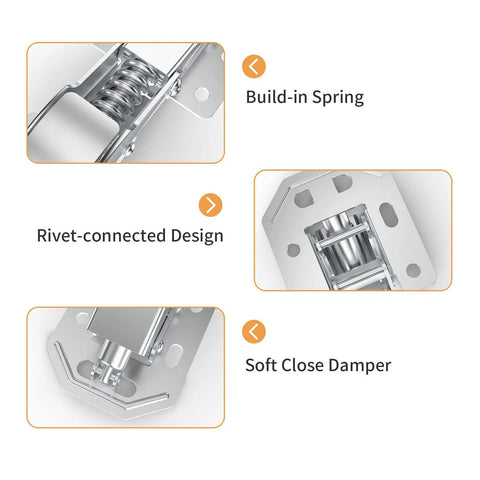 Detailed view of 4 Pack 90 Degree Soft Close Surface Mount Spring Hinges with rivet-connected design and soft close damper features.