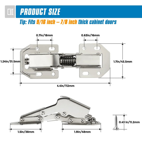 Two Pack Soft Close Hidden Cabinet Hinges For Kitchen Cabinets Surface Mount No Pre Drilled Install with dimensions and screws