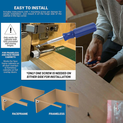 10 Pack Rok Hardware Soft Close Damper for Cabinet Doors being installed with screwdriver, shows face-frame and frameless setup