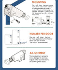 Illustration of 10 Pack Rok Hardware Soft Close Damper for Cabinet Doors showing mounting, adjustment, and door compatibility instructions.