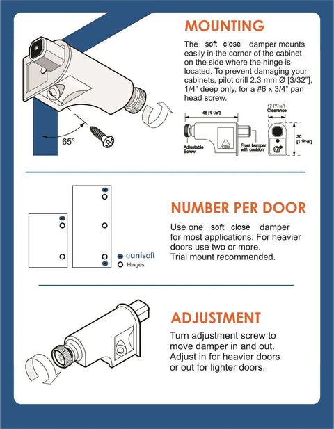 Illustration of 10 Pack Rok Hardware Soft Close Damper for Cabinet Doors showing mounting, adjustment, and door compatibility instructions.