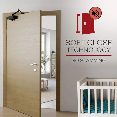 Automatic Adjustable Door Closers for Home - Soft Close, No Slam installed on wooden door in a home setting with crib visible