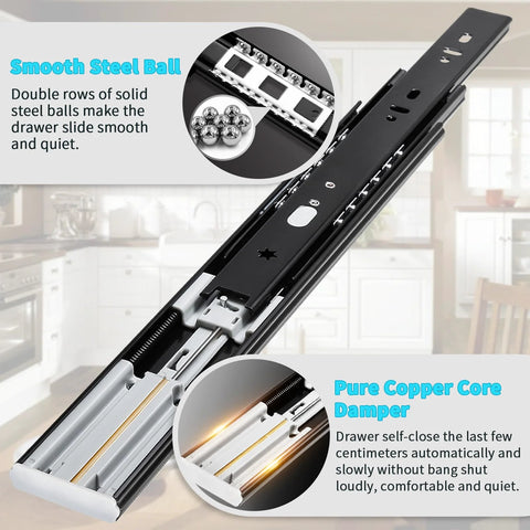 Soft Close Drawer Slides Full Extension Side Mount Ball Bearing Metal Rails visible with smooth steel ball and copper damper detail.