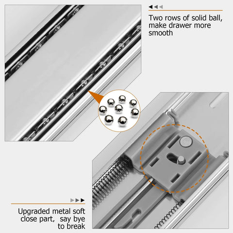 Close-up of Soft Close Drawer Slides 22 Inch Side Mount Heavy Duty Cabinet Drawer Glides 10 Pairs - Ball Bearing Full Extension