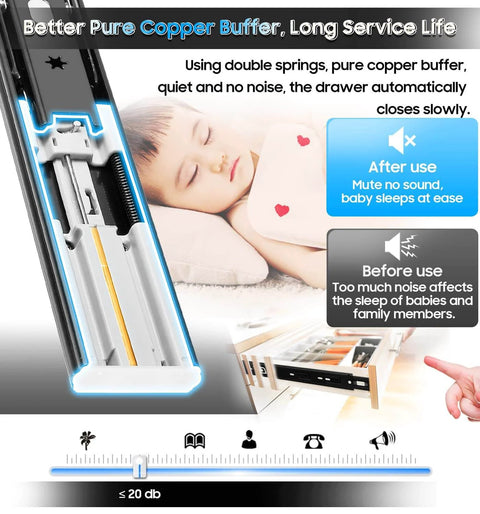 Soft Close Drawer Slides Full Extension Side Mount 12 inch with ball bearing, highlighting quiet copper buffer and noise levels for baby sleep.