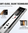Close-up of Soft Close Drawer Slides Set With Heavy Duty Ball Bearing Full Extension Side Mount Rails showing springs and hydraulic cylinder.