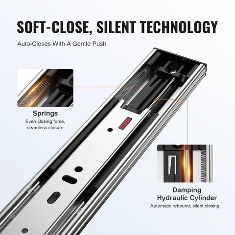 Close-up of Soft Close Drawer Slides Set With Heavy Duty Ball Bearing Full Extension Side Mount Rails showing springs and hydraulic cylinder.