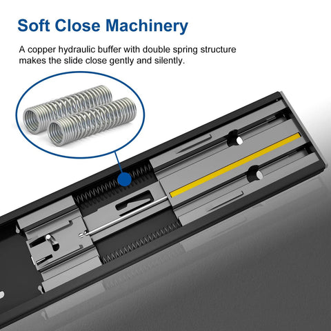 Close-up of 14 Inch Soft Close Drawer Slide With Full Extension For Dresser And Kitchen Cabinets, highlighting spring and hydraulic buffer