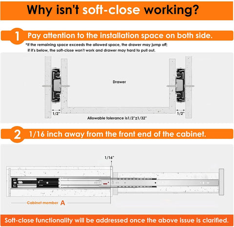 Diagram explaining issues with 1 Pair | Soft Close Drawer Slides 22 inch, HBL’ Heavy Duty Cabinet Drawer Slides for proper installation.