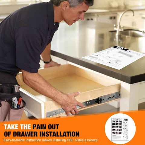 Man installing 1 Pair | Soft Close Drawer Slides 22 inch, HBL’ Heavy Duty Cabinet Drawer Slides Replacement, with instruction manual.