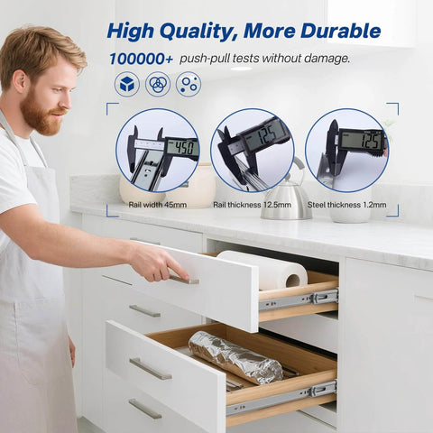 Person testing 6 Pairs Soft Close Drawer Slides 20 Inch, Full Extension Heavy Duty Ball Bearing Cabinet Rails in kitchen setup