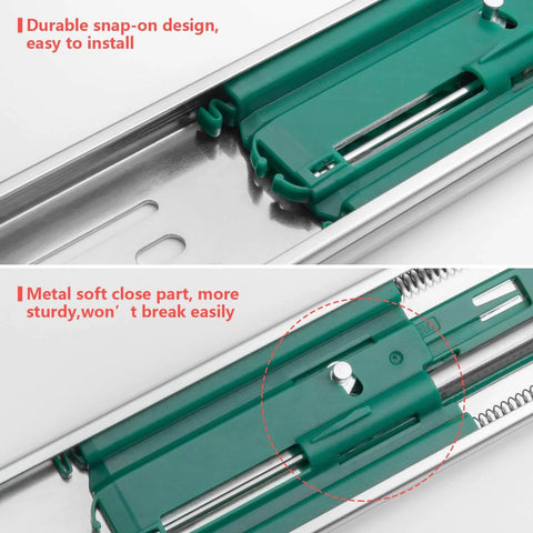 Close-up of 10 Pairs Soft Close Drawer Slides 22 Inch Heavy Duty Side Mount Dresser Cabinet Rails Metal Ball Bearing and Full Extension