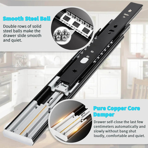 Soft Close Drawer Slides Full Extension Side Mount 12 14 16 18 20 22 24 inch Ball Bearing Metal Rails Track Guide Glides Runners Heavy Duty 100 Pound (Soft Close- 1 Pr, 12 Inch) with steel balls and copper damper