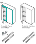 Diagram showing soft-close drawer slides for framed and frameless cabinets. Includes metal slides from the 10 pairs set, 22 inch side mount.