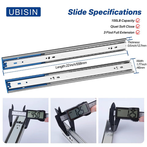 Specifications for Soft Close Ball Bearing Drawer Slides 22 Inch Five Pairs Three Section Full Extension Heavy Duty Steel