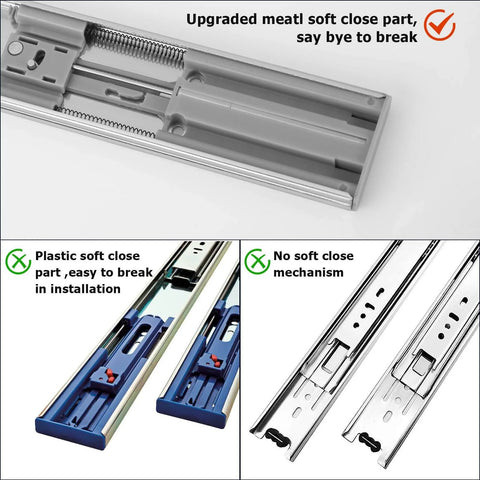 Side-by-side comparison of upgraded metal soft-close and standard drawer slides for Soft Close Drawer Slides 22 Inch Side Mount Heavy Duty Cabinet Drawer Glides 10 Pairs - Ball Bearing Full Extension Kitchen Cabinet Rails 100 LB Capacity.