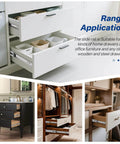 Collage showing 6 Pairs Soft Close Drawer Slides 20 Inch, installed in kitchen, dresser, and closet cabinets.